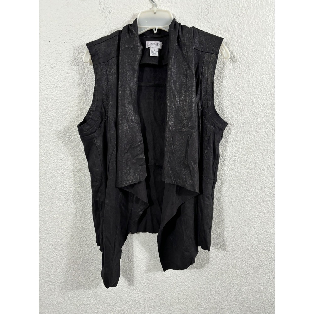 Carmen Marc Valvo Faux Leather‎ Metallic Black Sleeveless Jacket Vest Womens 12